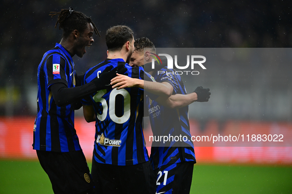 Kristjan Aslani of Inter Milan celebrates after scoring his team's second goal during the Coppa Italia Frecciarossa match between Inter Mila...