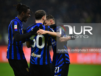 Kristjan Aslani of Inter Milan celebrates after scoring his team's second goal during the Coppa Italia Frecciarossa match between Inter Mila...