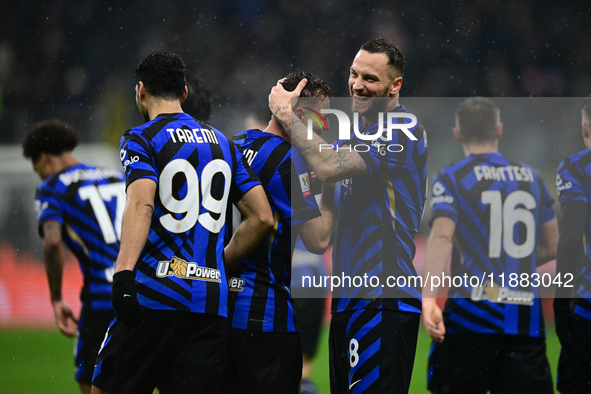 Kristjan Aslani of Inter Milan celebrates after scoring his team's second goal during the Coppa Italia Frecciarossa match between Inter Mila...