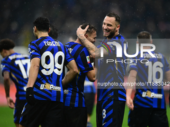 Kristjan Aslani of Inter Milan celebrates after scoring his team's second goal during the Coppa Italia Frecciarossa match between Inter Mila...