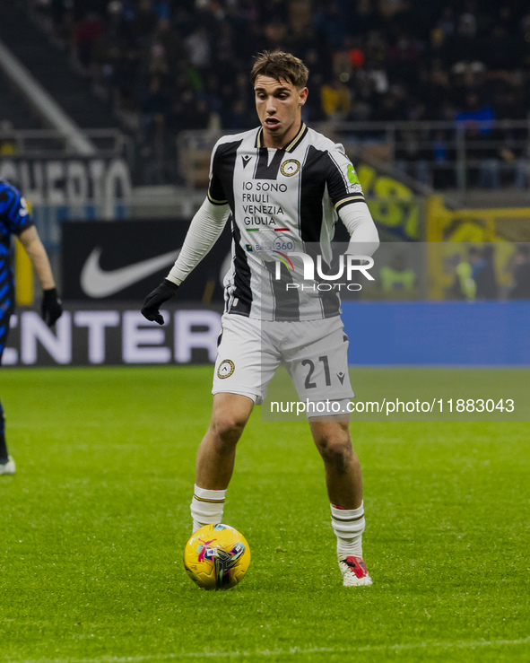 Iker Bravo plays during the Coppa Italia match between FC Internazionale and Udinese Calcio at Giuseppe Meazza Stadium in Milano, Italy, on...