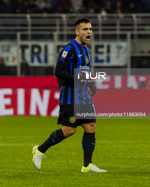 Lautaro Martinez plays during the Coppa Italia match between FC Internazionale and Udinese Calcio in Milano, Italy, on December 19, 2024, at...