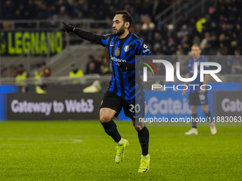 Hakan Calhanoglu plays during the Coppa Italia match between FC Internazionale and Udinese Calcio at Giuseppe Meazza Stadium in Milano, Ital...