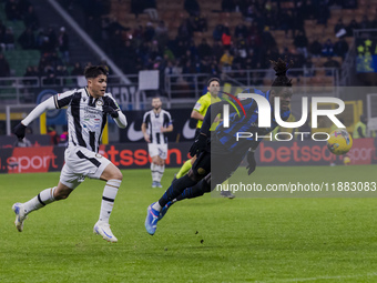 Yann Bisseck plays during the Coppa Italia match between FC Internazionale and Udinese Calcio in Milano, Italy, on December 19, 2024, at Giu...