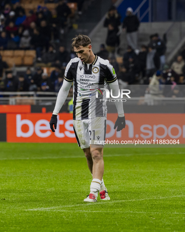 Iker Bravo plays during the Coppa Italia match between FC Internazionale and Udinese Calcio at Giuseppe Meazza Stadium in Milano, Italy, on...