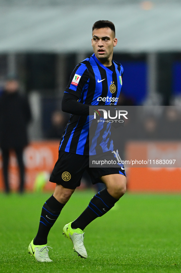 Lautaro Martinez of Inter Milan looks on during the Coppa Italia Frecciarossa match between Inter Milan and Udinese Calcio at Giuseppe Meazz...