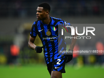 Denzel Dumfries of Inter Milan looks on during the Coppa Italia Frecciarossa match between Inter Milan and Udinese Calcio at Giuseppe Meazza...