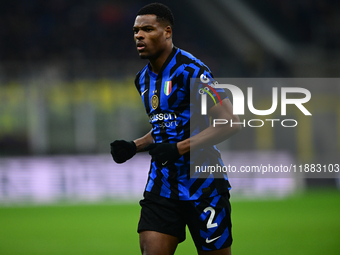 Denzel Dumfries of Inter Milan looks on during the Coppa Italia Frecciarossa match between Inter Milan and Udinese Calcio at Giuseppe Meazza...