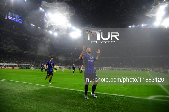 Marko Arnautovic of Inter Milan celebrates after scoring his team's first goal during the Coppa Italia Frecciarossa match between Inter Mila...