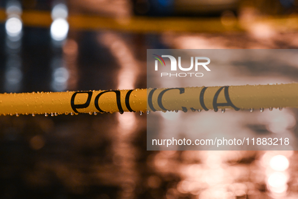 KRAKOW, POLAND - DECEMBER 19:   
Police tape surrounding the scene of a shooting on Dietla Street, a key route dividing Krakow's Old Town an...