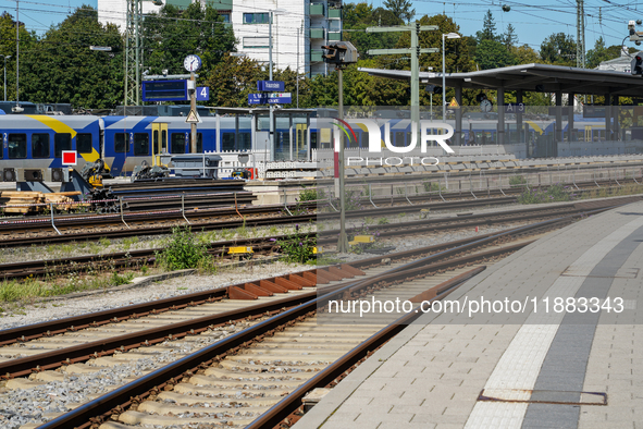 A BRB (Bayerische Regiobahn) train is visible at Platform 4 at Traunstein Train Station in Bavaria, Germany, on September 16, 2023, with var...