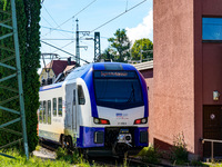 A BRB (Bayerische Regiobahn) train arrives at Traunstein Train Station in Bavaria, Germany, on September 16, 2023 (