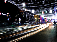 The lighting decoration on Park Street for the upcoming Christmas celebration takes place in Kolkata, India, on December 19, 2024. (