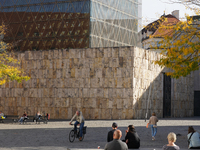 The Ohel Jakob Synagogue is in Munich, Bavaria, Germany, on October 6, 2023. The modern synagogue is located in a public square where people...