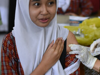 A junior high school student receives an HPV (Human Papillomavirus) vaccine injection from a medical officer in a classroom in Malang, East...