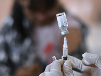 Medical personnel inject the HPV (Human Papillomavirus) vaccine into junior high school students in a classroom in Malang, East Java, Indone...