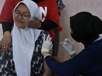 A junior high school student receives an HPV (Human Papillomavirus) vaccine injection from a medical officer in a classroom in Malang, East...