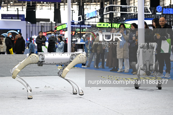 Visitors view a four-legged robot at the World Intelligent Manufacturing Expo 2024 in Nanjing, Jiangsu province, China, on December 20, 2024...