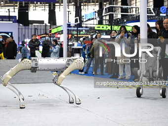 Visitors view a four-legged robot at the World Intelligent Manufacturing Expo 2024 in Nanjing, Jiangsu province, China, on December 20, 2024...