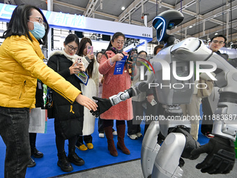 Visitors interact with robots shaking hands at the World Intelligent Manufacturing Expo 2024 in Nanjing, China, on December 20, 2024. (