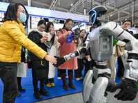 Visitors interact with robots shaking hands at the World Intelligent Manufacturing Expo 2024 in Nanjing, China, on December 20, 2024. (