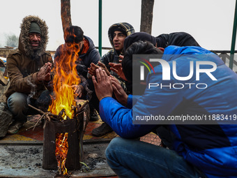 People warm themselves by a bonfire on a cold winter morning at Dal Lake in Srinagar, Jammu and Kashmir, India, on December 20, 2024. Srinag...