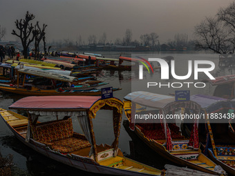 Tourists take a shikara ride on a cold winter morning at Dal Lake in Srinagar, Jammu and Kashmir, India, on December 20, 2024. Srinagar expe...