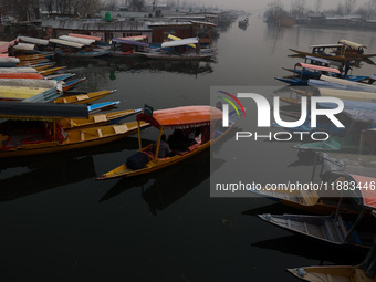 Tourists take a shikara ride on a cold winter morning at Dal Lake in Srinagar, Jammu and Kashmir, India, on December 20, 2024. Srinagar expe...