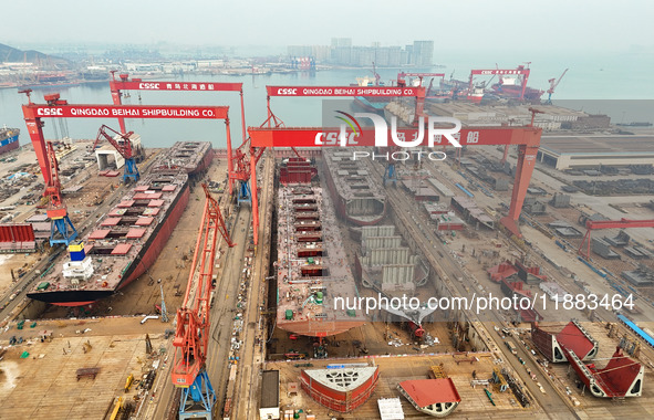 Multiple large ships are under construction simultaneously at China Shipbuilding Corporation Qingdao Beihai Shipbuilding Co., Ltd., in Qingd...