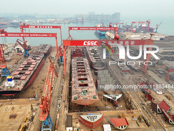 Multiple large ships are under construction simultaneously at China Shipbuilding Corporation Qingdao Beihai Shipbuilding Co., Ltd., in Qingd...