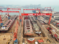 Multiple large ships are under construction simultaneously at China Shipbuilding Corporation Qingdao Beihai Shipbuilding Co., Ltd., in Qingd...