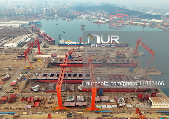 Multiple large ships are under construction simultaneously at China Shipbuilding Corporation Qingdao Beihai Shipbuilding Co., Ltd., in Qingd...