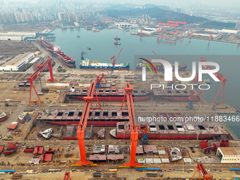 Multiple large ships are under construction simultaneously at China Shipbuilding Corporation Qingdao Beihai Shipbuilding Co., Ltd., in Qingd...