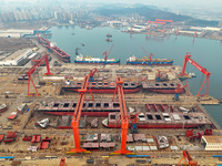 Multiple large ships are under construction simultaneously at China Shipbuilding Corporation Qingdao Beihai Shipbuilding Co., Ltd., in Qingd...