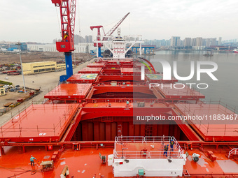 Multiple large ships are under construction simultaneously at China Shipbuilding Corporation Qingdao Beihai Shipbuilding Co., Ltd., in Qingd...