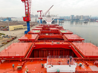 Multiple large ships are under construction simultaneously at China Shipbuilding Corporation Qingdao Beihai Shipbuilding Co., Ltd., in Qingd...