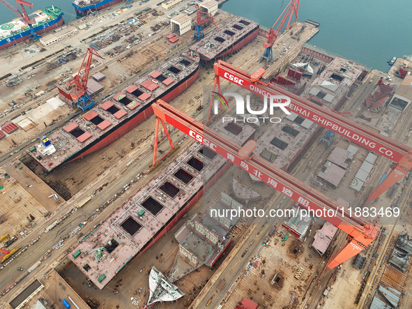 Multiple large ships are under construction simultaneously at China Shipbuilding Corporation Qingdao Beihai Shipbuilding Co., Ltd., in Qingd...