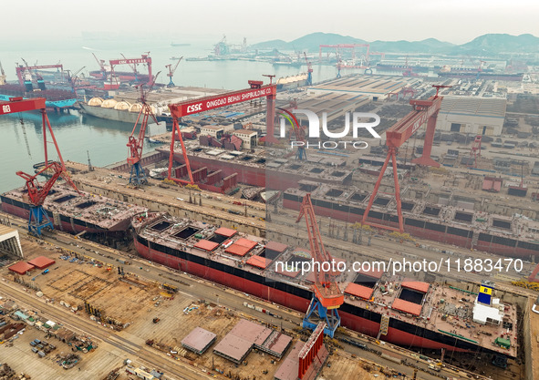 Multiple large ships are under construction simultaneously at China Shipbuilding Corporation Qingdao Beihai Shipbuilding Co., Ltd., in Qingd...