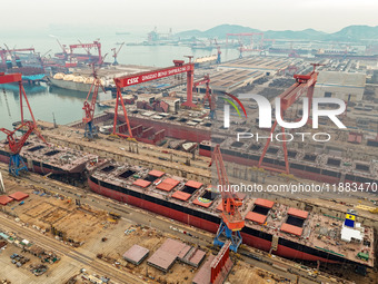 Multiple large ships are under construction simultaneously at China Shipbuilding Corporation Qingdao Beihai Shipbuilding Co., Ltd., in Qingd...