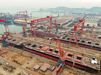 Multiple large ships are under construction simultaneously at China Shipbuilding Corporation Qingdao Beihai Shipbuilding Co., Ltd., in Qingd...