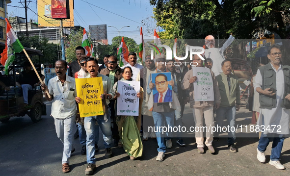 Congress supporters shout slogans against Home Minister Amit Shah's remarks related to Dr. B R Ambedkar in Siliguri, India, on December 20,...