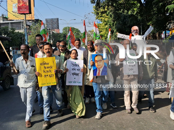 Congress supporters shout slogans against Home Minister Amit Shah's remarks related to Dr. B R Ambedkar in Siliguri, India, on December 20,...