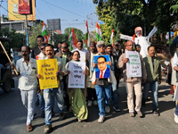 Congress supporters shout slogans against Home Minister Amit Shah's remarks related to Dr. B R Ambedkar in Siliguri, India, on December 20,...