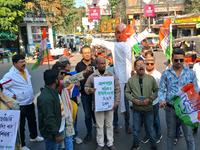 Congress supporters shout slogans against Home Minister Amit Shah's remarks related to Dr. B R Ambedkar in Siliguri, India, on December 20,...