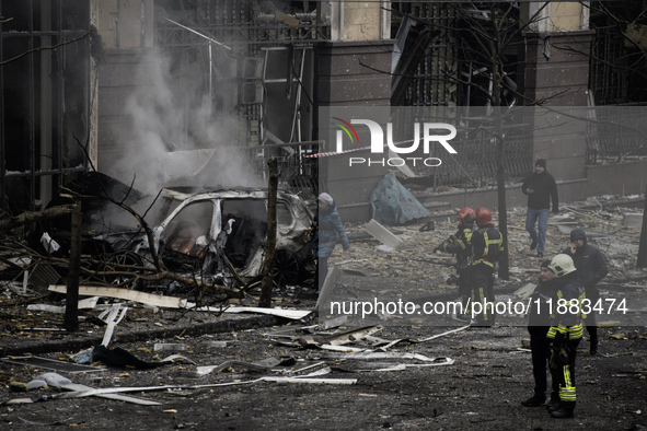 Damage to residential and office buildings in Kyiv, Ukraine, on December 20, 2024, results from Russian ballistic missile shelling of the ce...