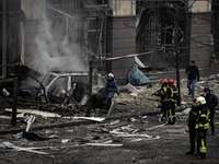 Damage to residential and office buildings in Kyiv, Ukraine, on December 20, 2024, results from Russian ballistic missile shelling of the ce...