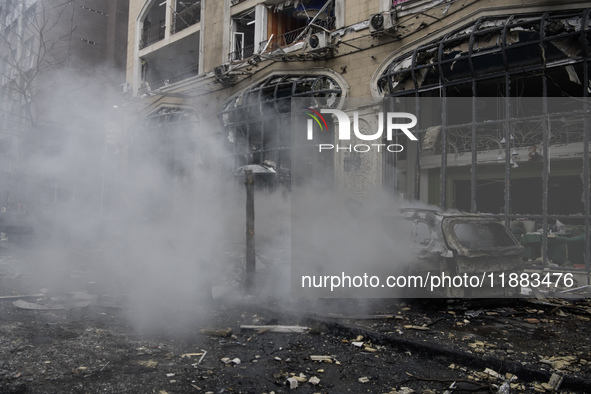 Damage to residential and office buildings in Kyiv, Ukraine, on December 20, 2024, results from Russian ballistic missile shelling of the ce...