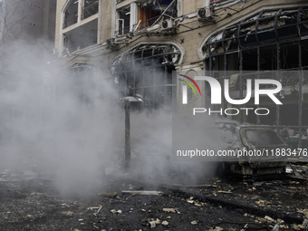 Damage to residential and office buildings in Kyiv, Ukraine, on December 20, 2024, results from Russian ballistic missile shelling of the ce...