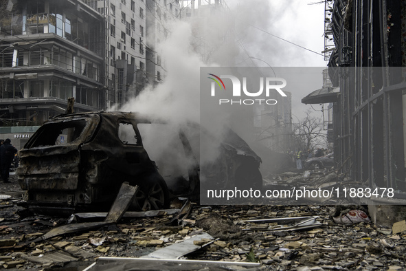 Damage to residential and office buildings in Kyiv, Ukraine, on December 20, 2024, results from Russian ballistic missile shelling of the ce...