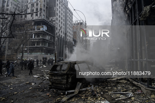 Damage to residential and office buildings in Kyiv, Ukraine, on December 20, 2024, results from Russian ballistic missile shelling of the ce...